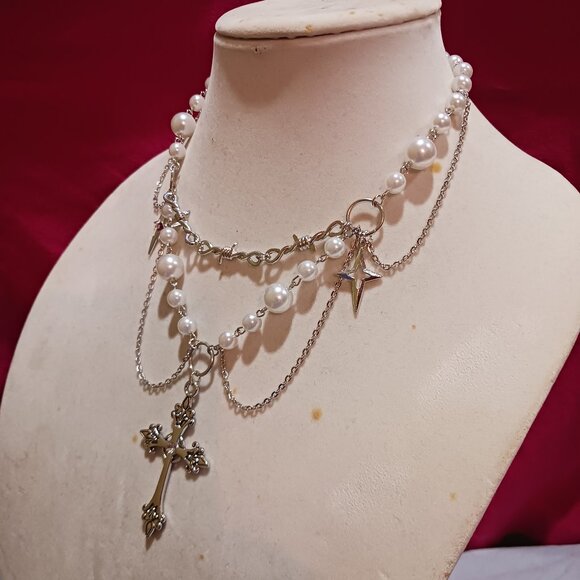 Gothic Punk Cosmic Cross Rosary Layered Choker Silver and White Necklace - Picture 7 of 14
